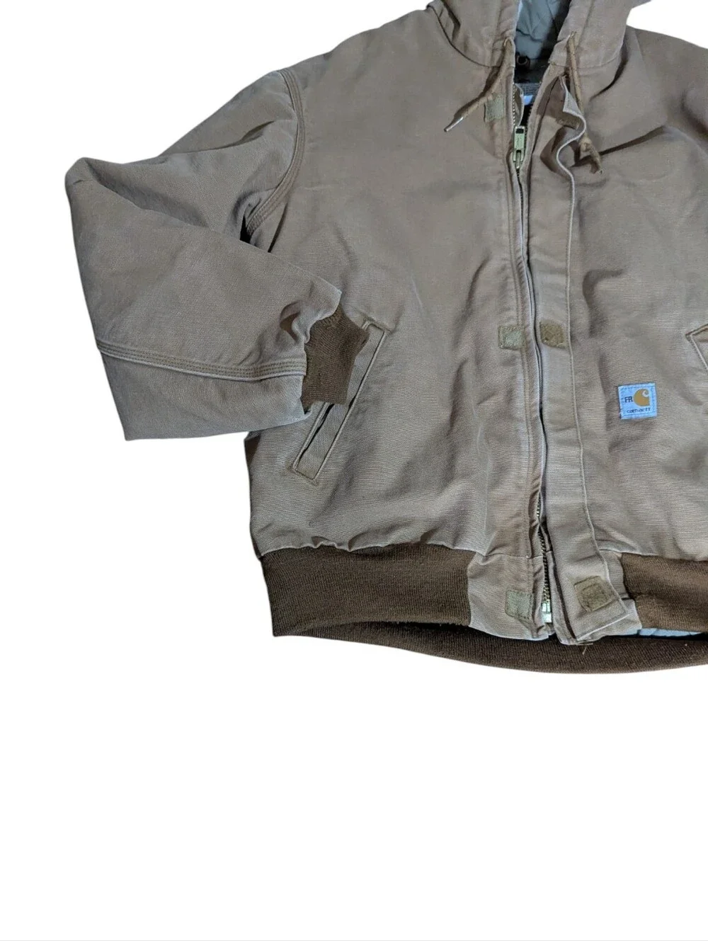 vtg Carhartt Tan Hooded Insulated Work Jacket FRJ184 Flame Resistant Sz L